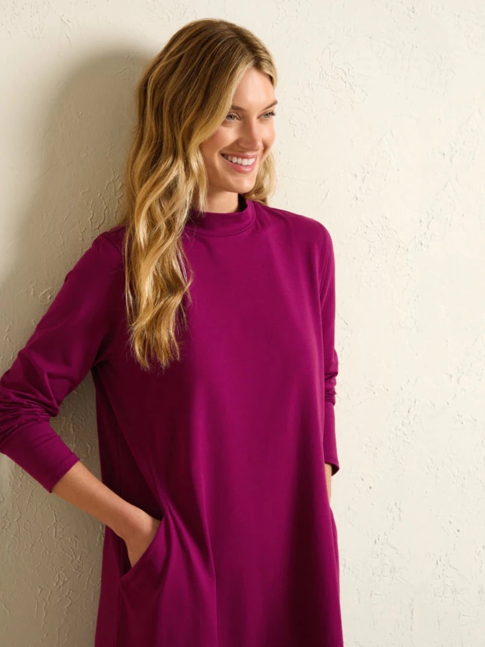 Eileen Fisher Organic Cotton Jersey Mock Neck Dress - Raspberry - Size L